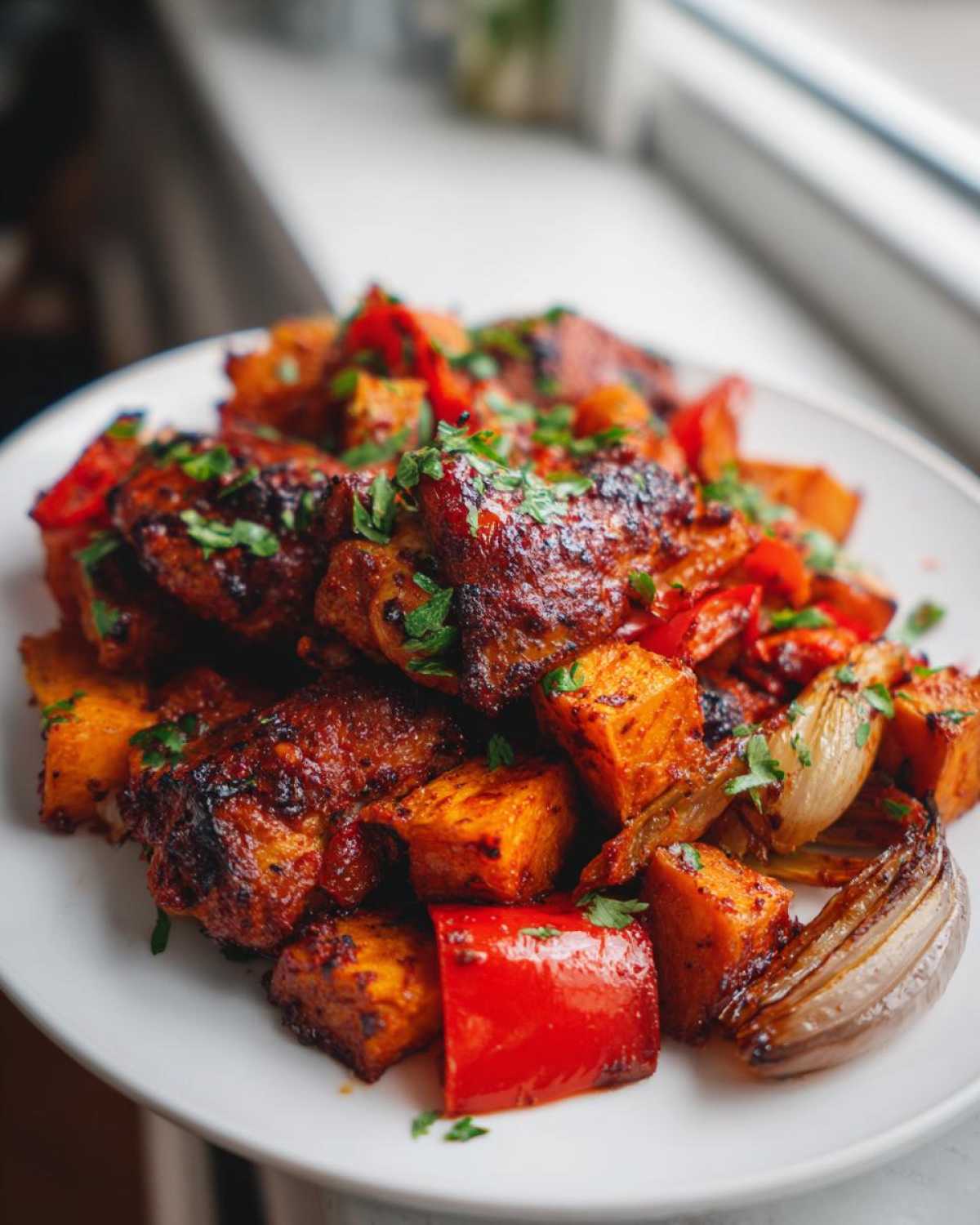 Close-up of glazed harissa chicken pieces served with roasted sweet potatoes, red peppers, and onions, garnished with parsley.