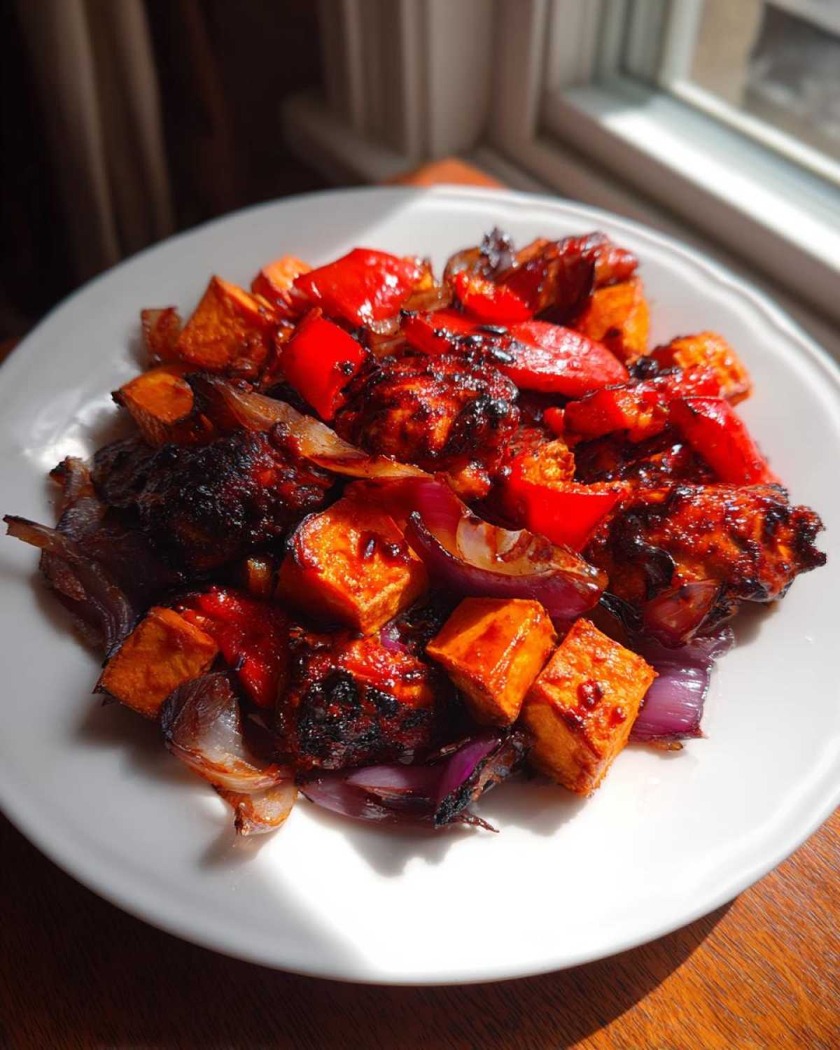 A plate of roasted vegetables and charred pieces of harissa chicken served with red onion and sweet potato cubes.