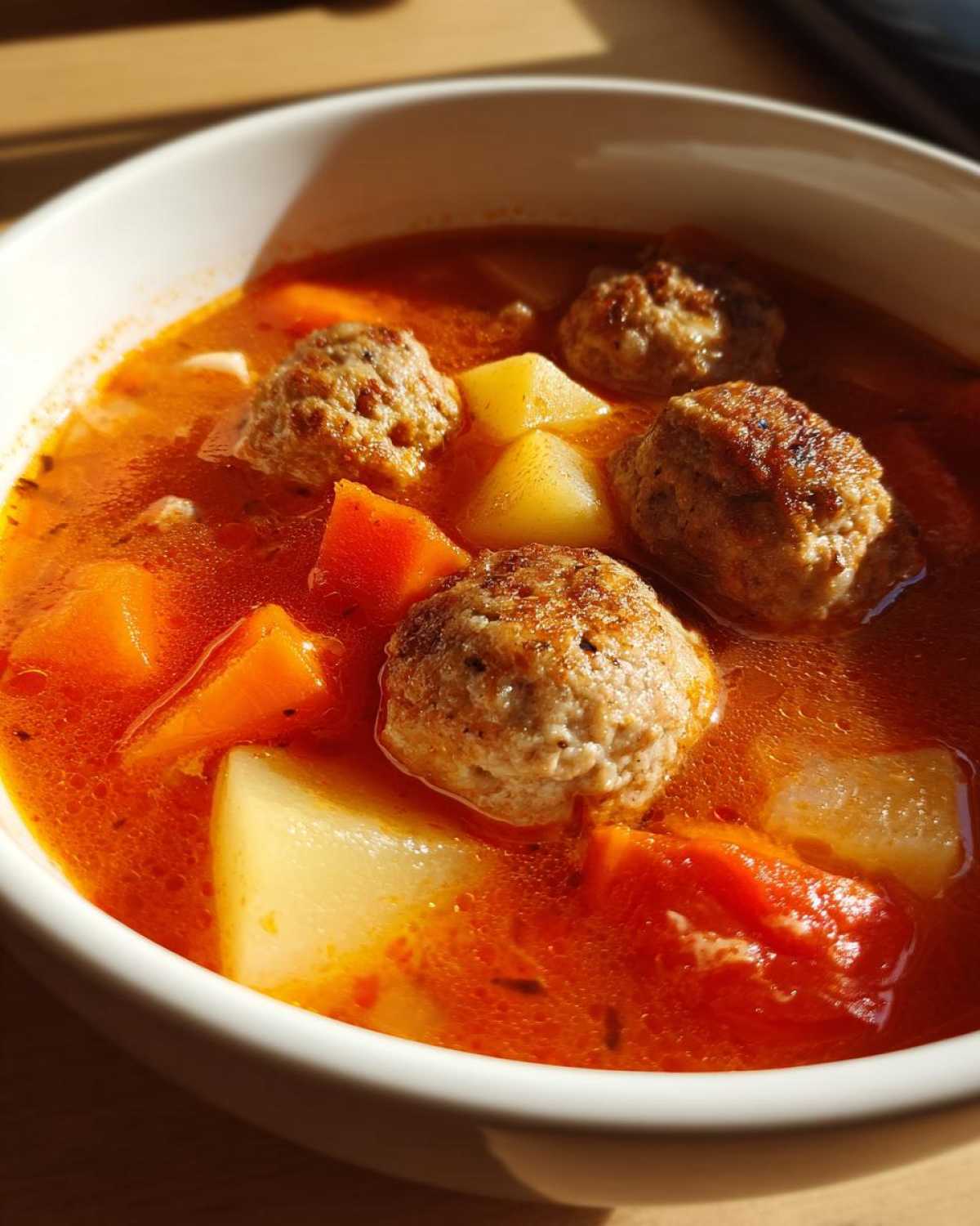 Close-up of a white bowl filled with rich, red broth albondigas soup, featuring browned meatballs, potatoes, and carrots.