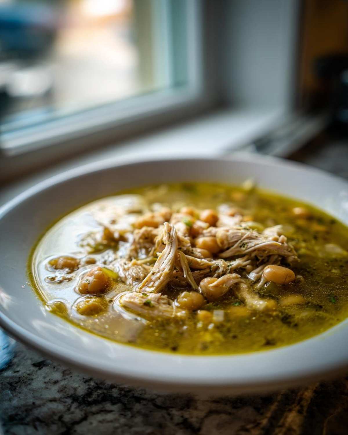 Close-up of a white bowl filled with savory chicken pozole, featuring shredded chicken and hominy in a green broth.
