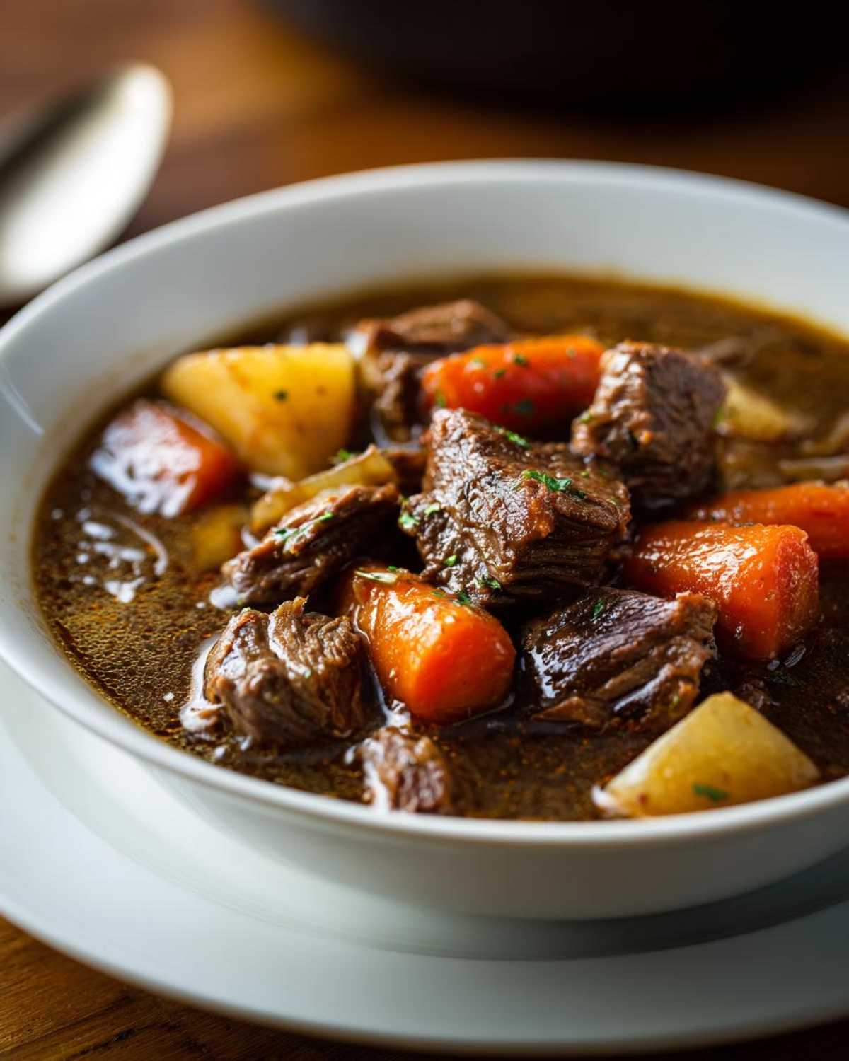 Close-up of a white bowl filled with rich, dark pork stew chunks, carrots, and potatoes.