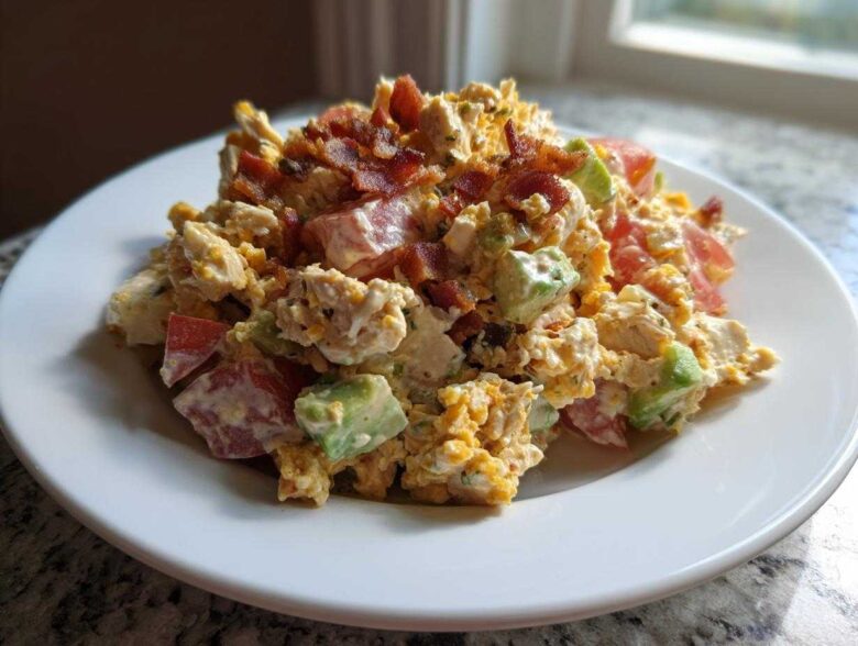 A mound of creamy blt chicken salad mixed with chunks of tomato, avocado, and topped with crispy bacon bits on a white plate.