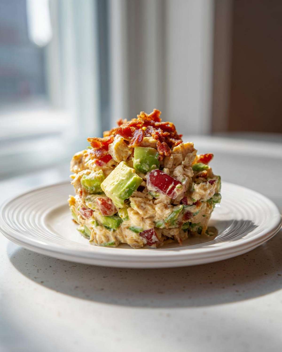 A molded serving of blt chicken salad featuring chunks of avocado and tomato, topped with crispy bacon bits.