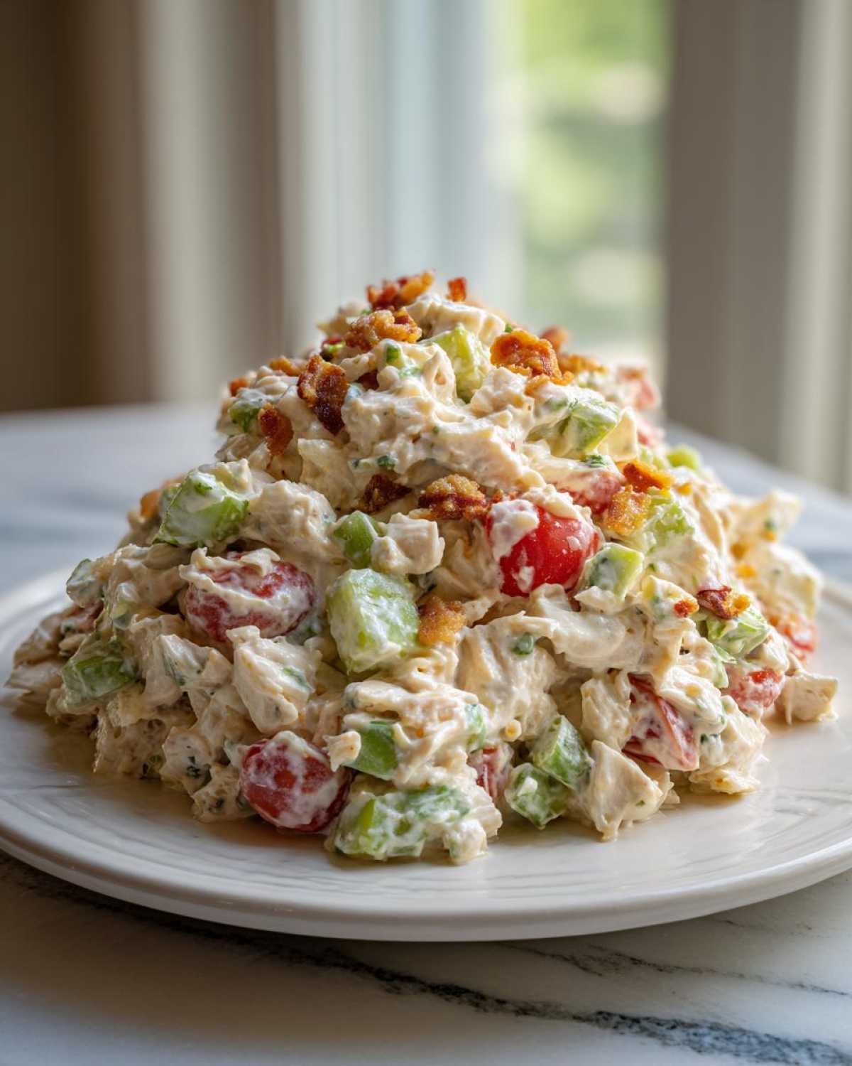 A generous mound of creamy blt chicken salad featuring chunks of chicken, red tomatoes, green celery, and topped with crispy bacon bits.