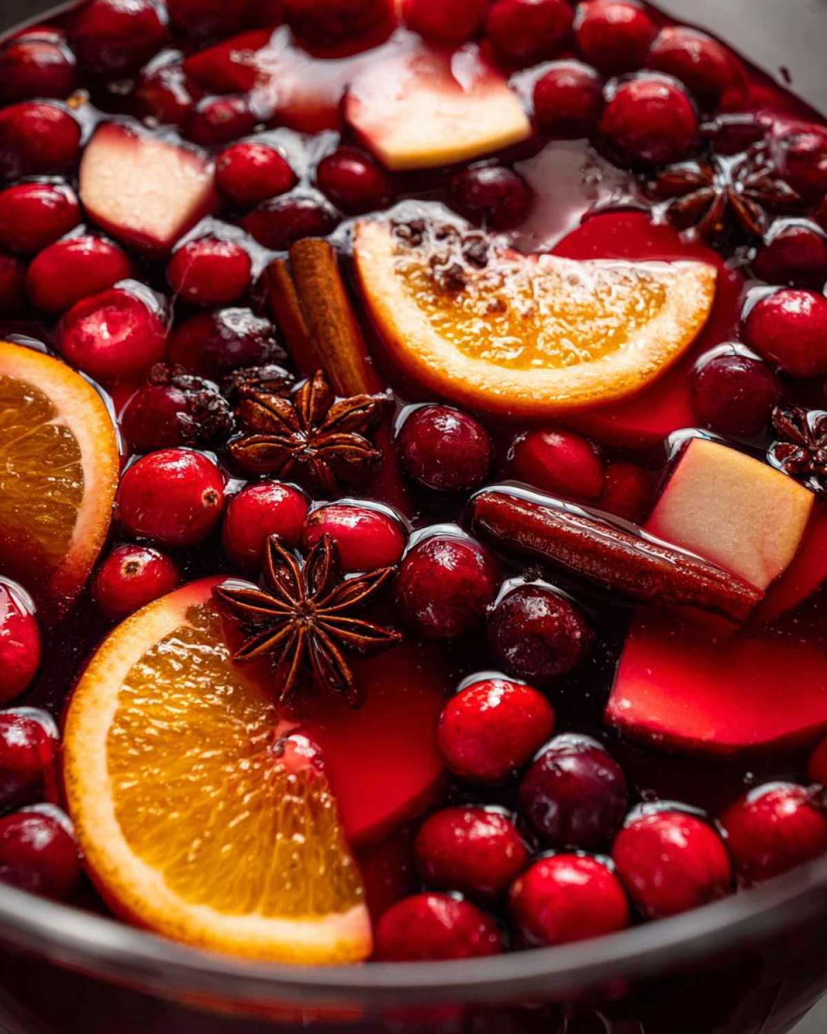 Close-up of rich red holiday sangria filled with cranberries, orange slices, cinnamon sticks, and star anise.