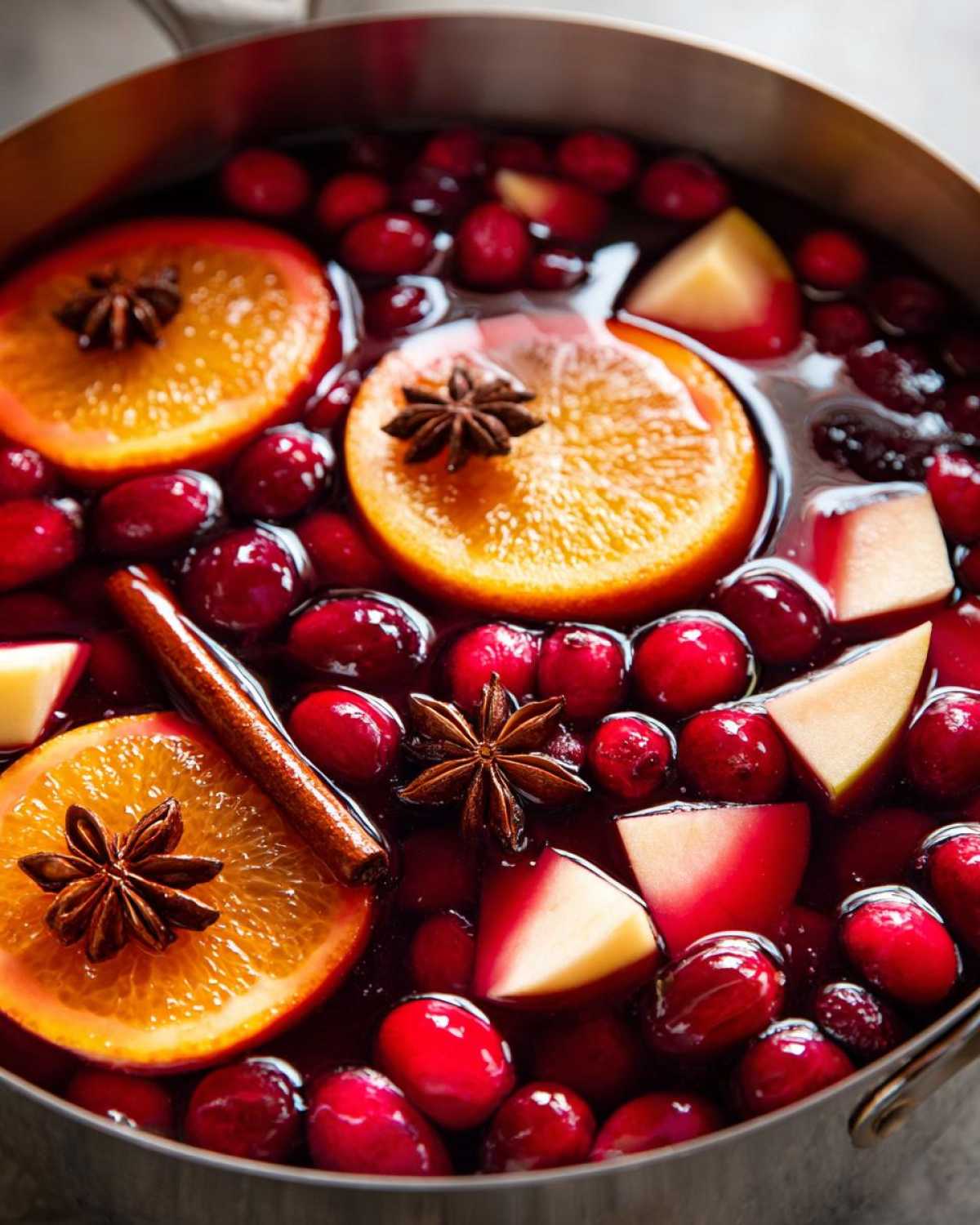 Close-up of vibrant ingredients including orange slices, cranberries, apple chunks, star anise, and cinnamon for holiday sangria.