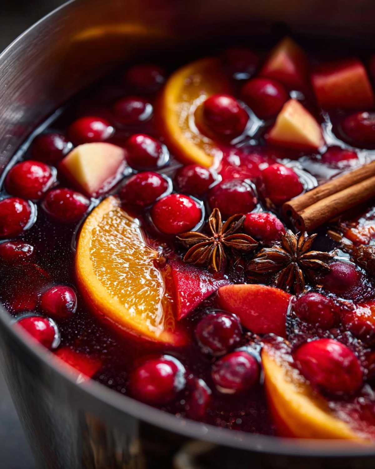 Close-up of rich red holiday sangria infused with cranberries, orange slices, star anise, and cinnamon sticks.