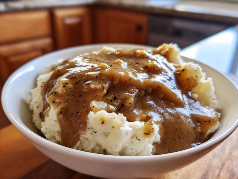 Close-up of creamy mashed potatoes generously topped with rich, savory homemade brown gravy.