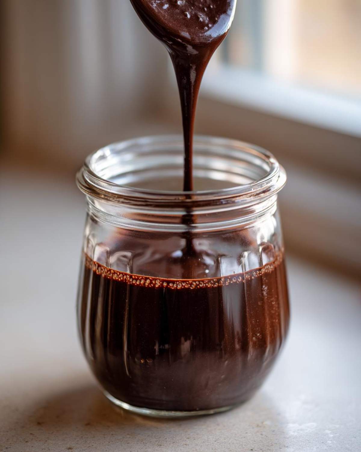 Thick, rich chocolate syrup being poured from a spoon into a small glass jar.
