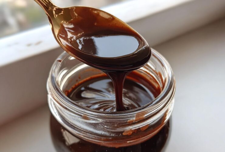 A golden spoon holds thick, glossy chocolate syrup dripping back into a clear glass jar.