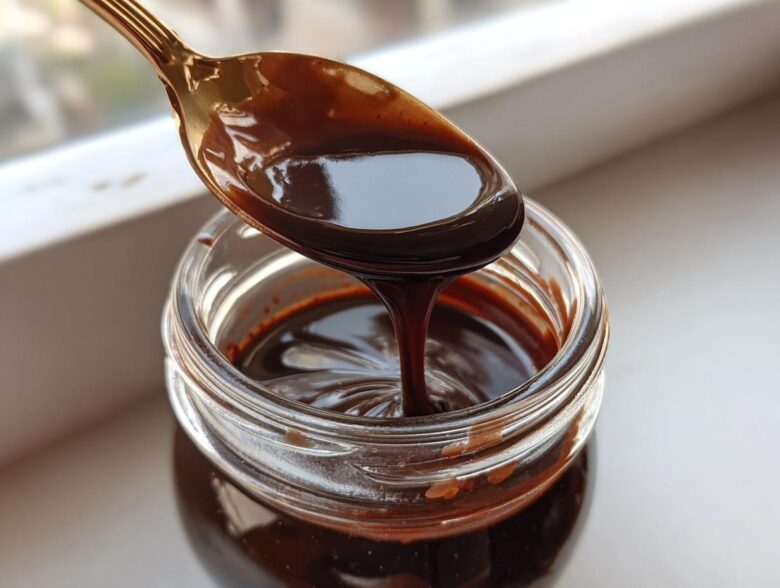 A golden spoon holds thick, glossy chocolate syrup dripping back into a clear glass jar.