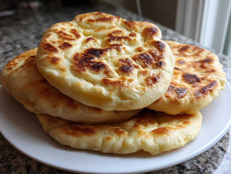 A stack of four fluffy, golden-brown homemade pita bread rounds resting on a white plate.
