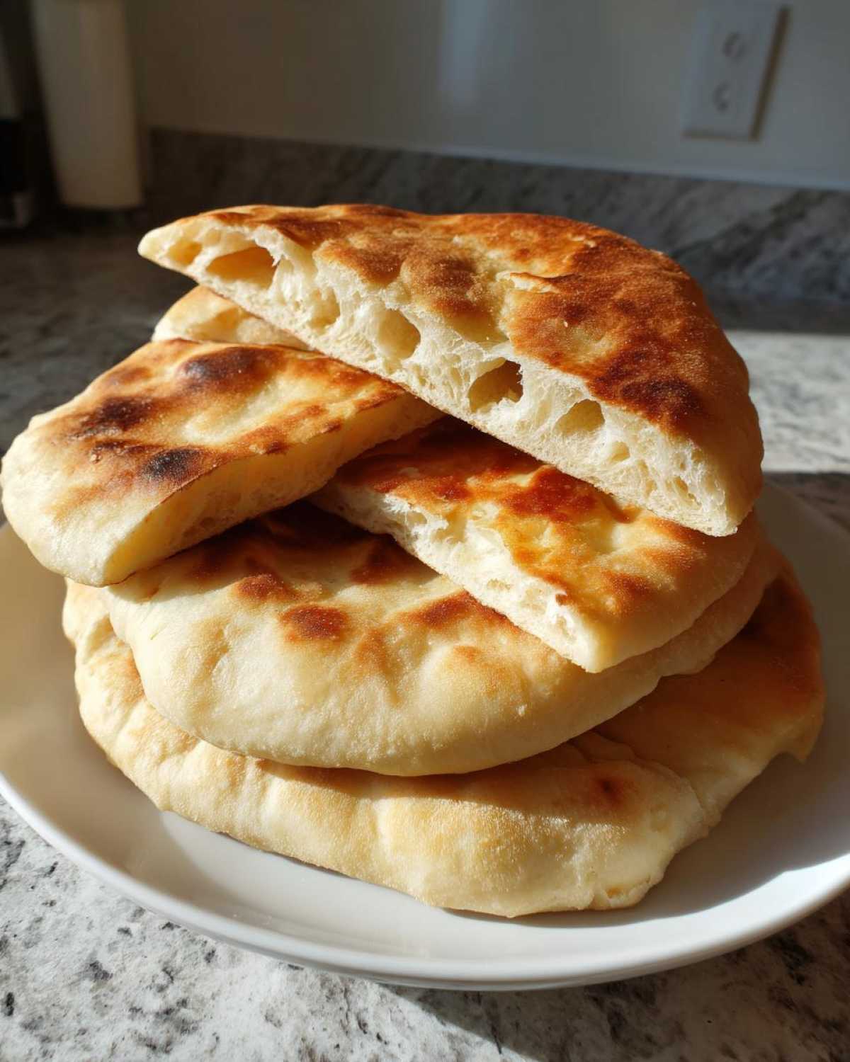 A stack of freshly baked pita bread, one piece cut open to show the airy interior pockets.