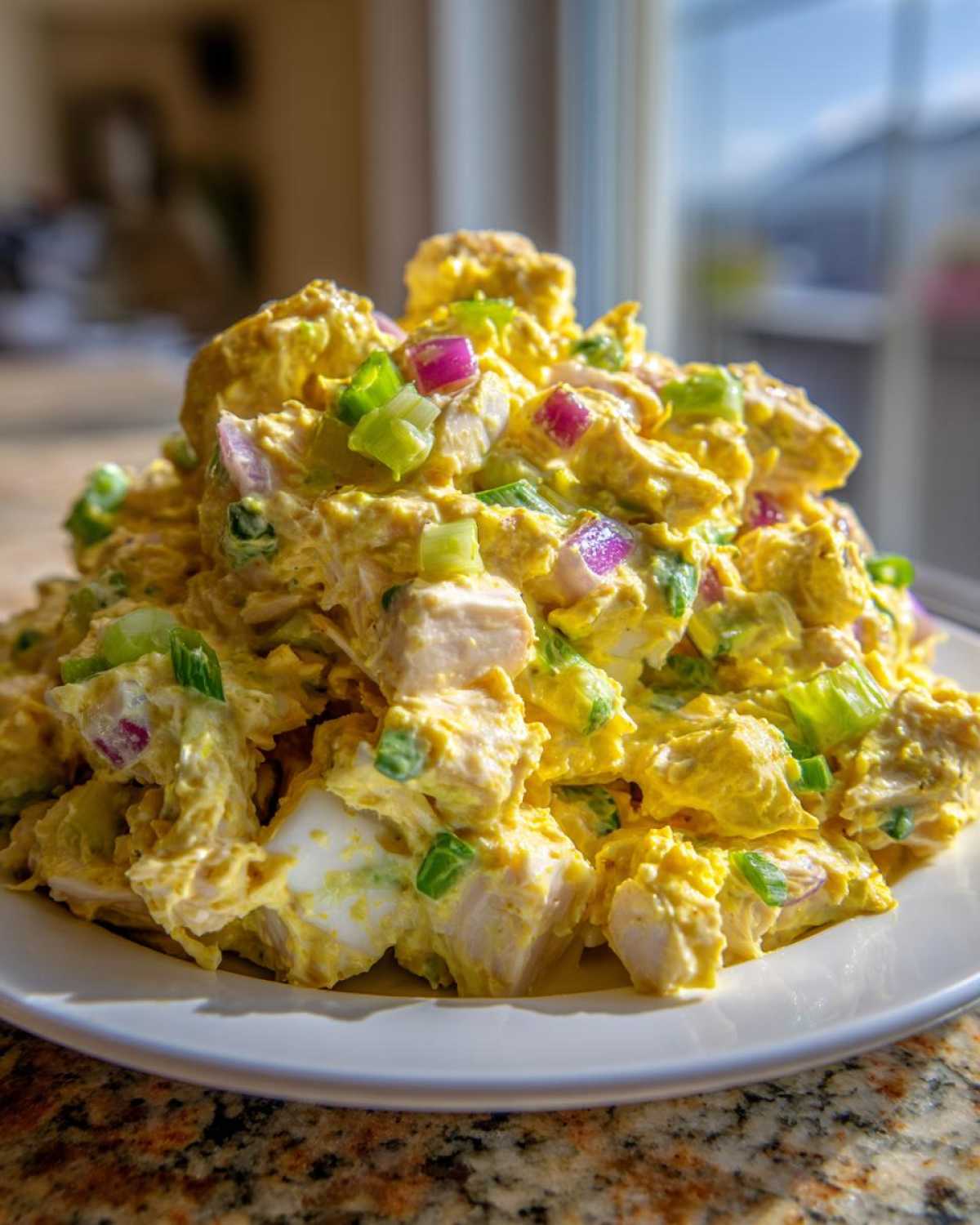 A mound of creamy, yellow honey mustard chicken salad mixed with diced red onion and celery on a white plate.