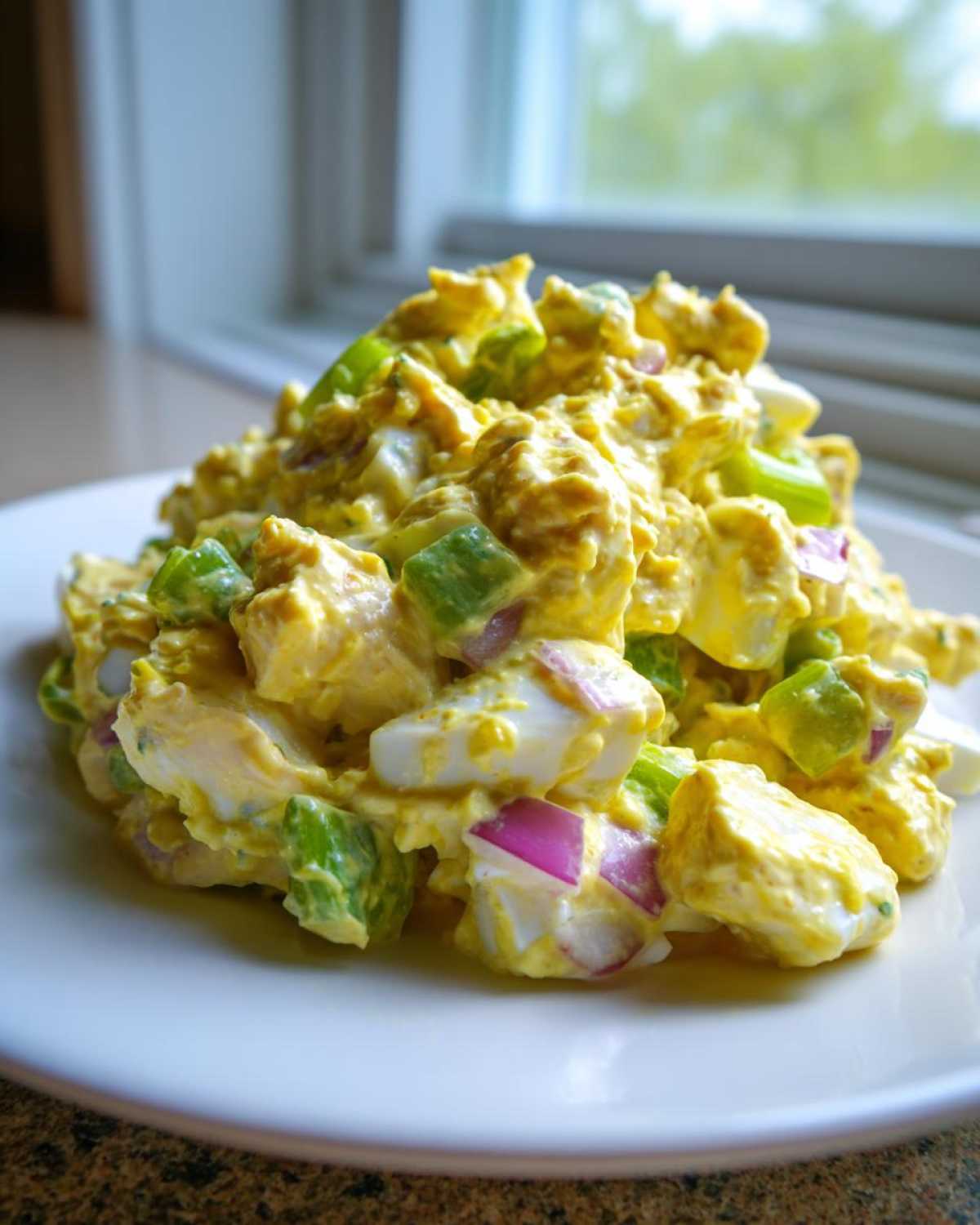 A mound of creamy, yellow honey mustard chicken salad with chunks of egg, green pepper, and red onion on a white plate.