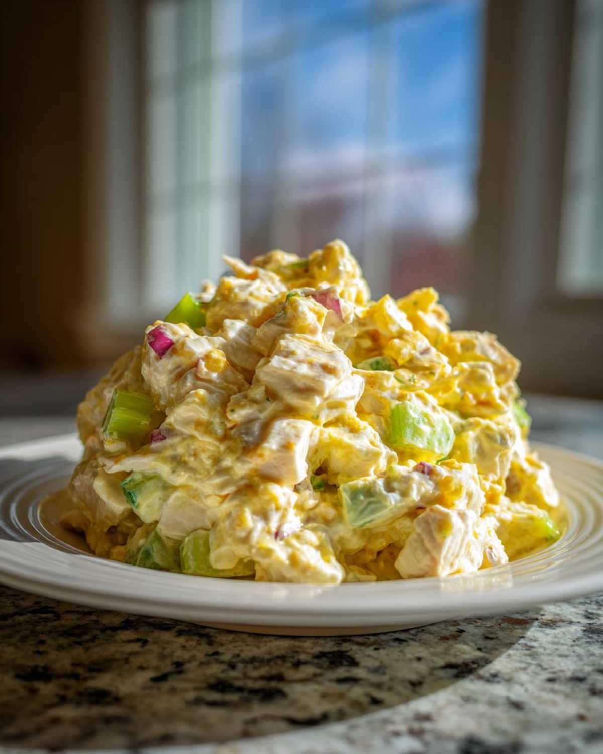 A mound of creamy honey mustard chicken salad with visible chunks of chicken, celery, and red onion, served on a white plate.