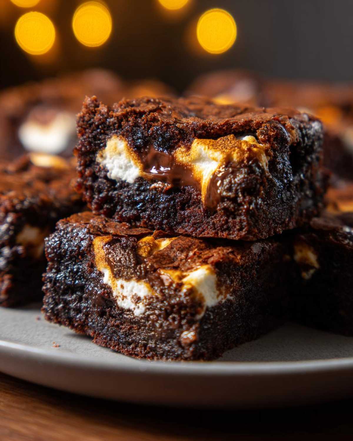Close-up of two stacked hot chocolate brownies featuring melted marshmallow centers and a rich, dark chocolate texture.
