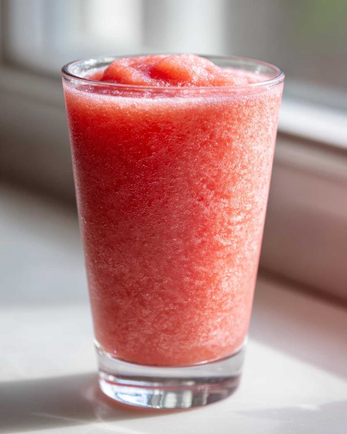 Close-up of a tall glass filled with a bright pink, icy watermelon smoothie, sitting in sunlight.