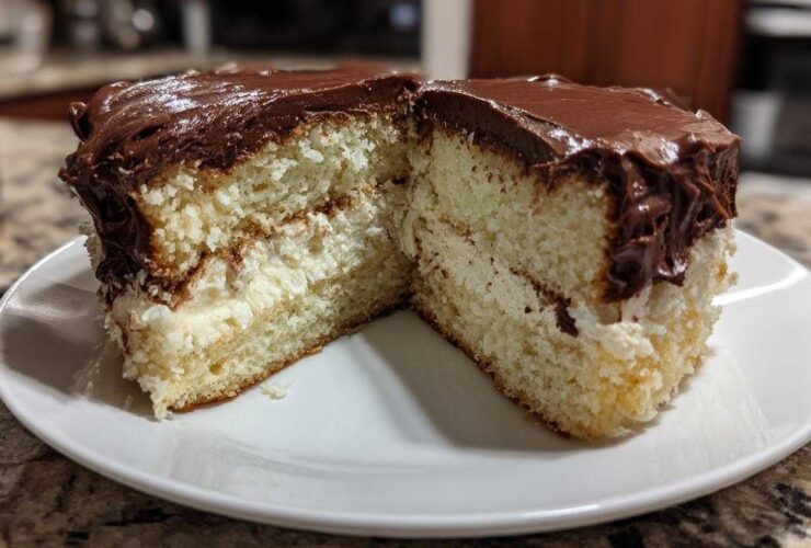Cross-section view of a slice of Italian love cake showing two layers of light cake, creamy filling, and thick chocolate frosting.