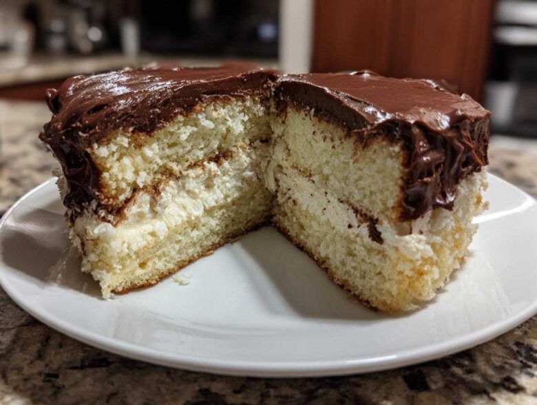 Cross-section view of a slice of Italian love cake showing two layers of light cake, creamy filling, and thick chocolate frosting.