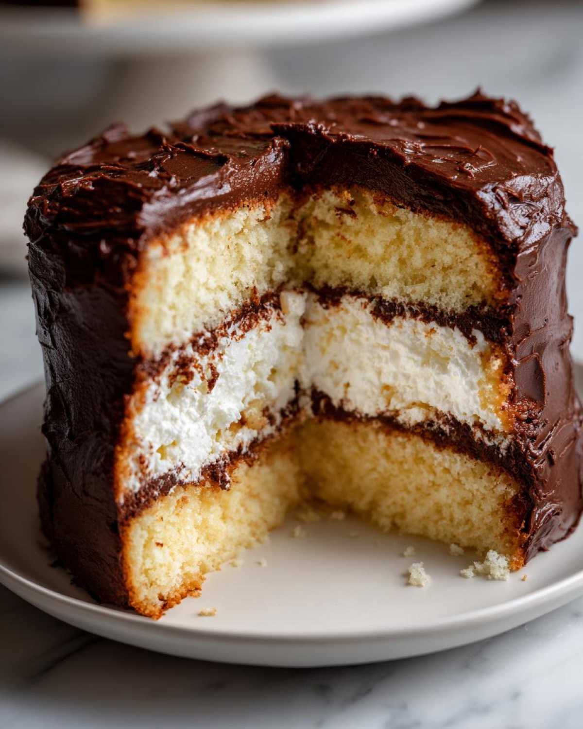 Cross-section of a rich Italian love cake showing two layers of yellow cake, white filling, and thick chocolate frosting.