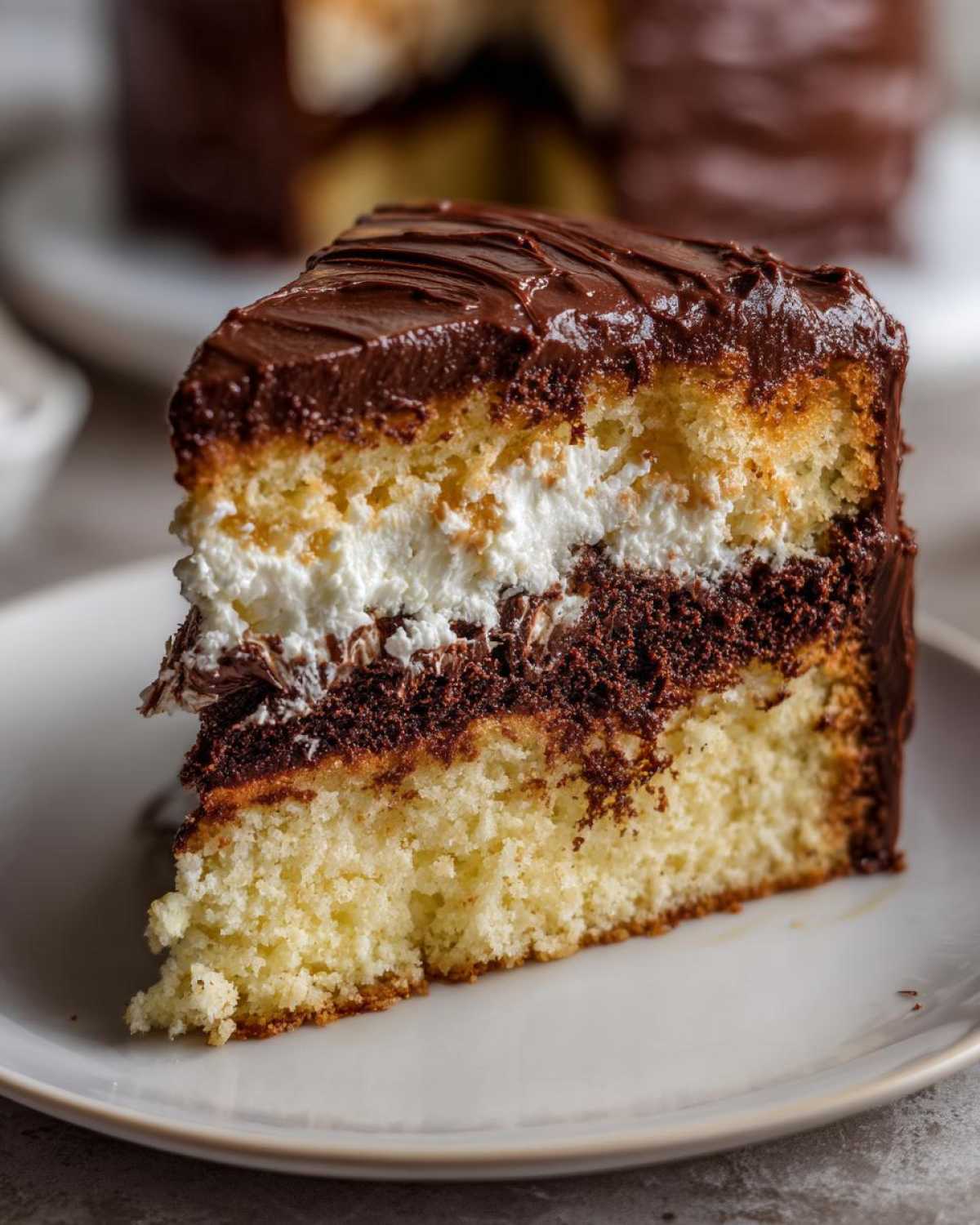 Close-up of a moist slice of Italian Love Cake showing layers of vanilla cake, white cream, and chocolate filling, topped with rich chocolate frosting.