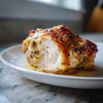 Close-up of a perfectly cooked baked chicken breast, showing moist white meat and a golden, herbed crust.
