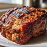 Close-up of a beautifully browned and glazed baked chicken breast with a crispy, caramelized exterior.