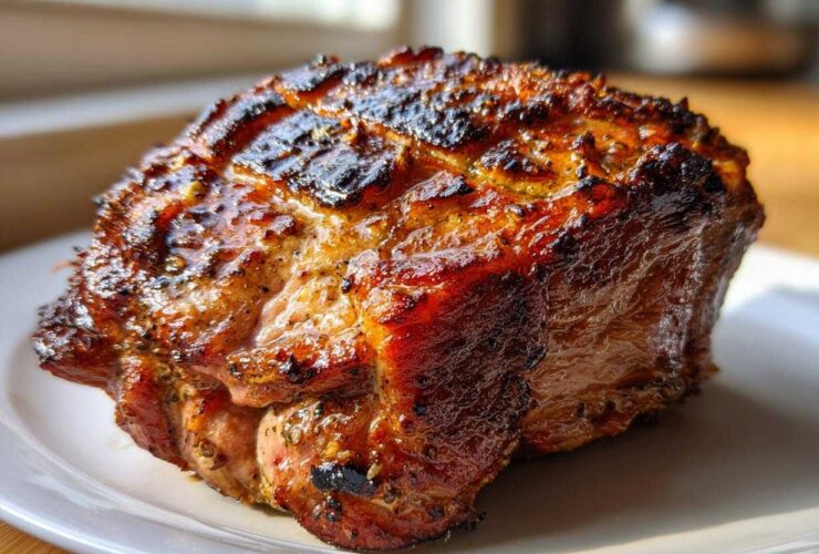 Close-up of a beautifully browned and glazed baked chicken breast with a crispy, caramelized exterior.