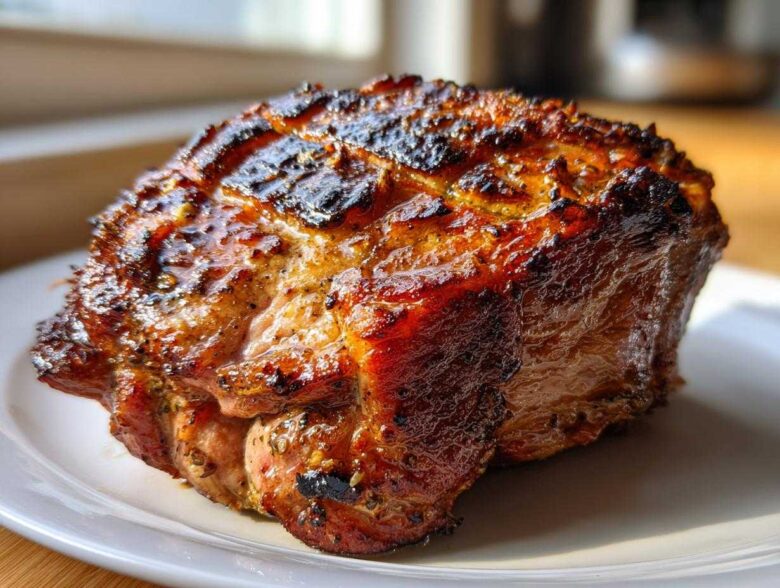 Close-up of a beautifully browned and glazed baked chicken breast with a crispy, caramelized exterior.