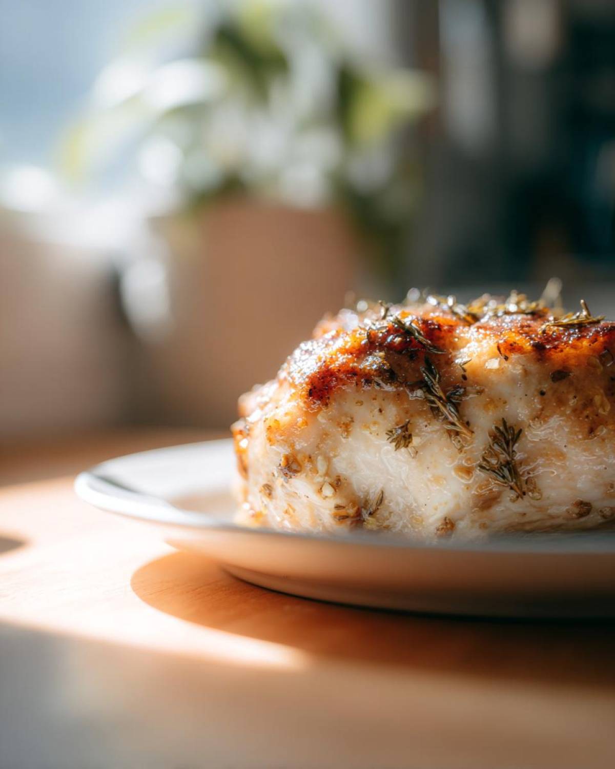 Close-up of a perfectly cooked, juicy baked chicken breast seasoned with herbs on a white plate.