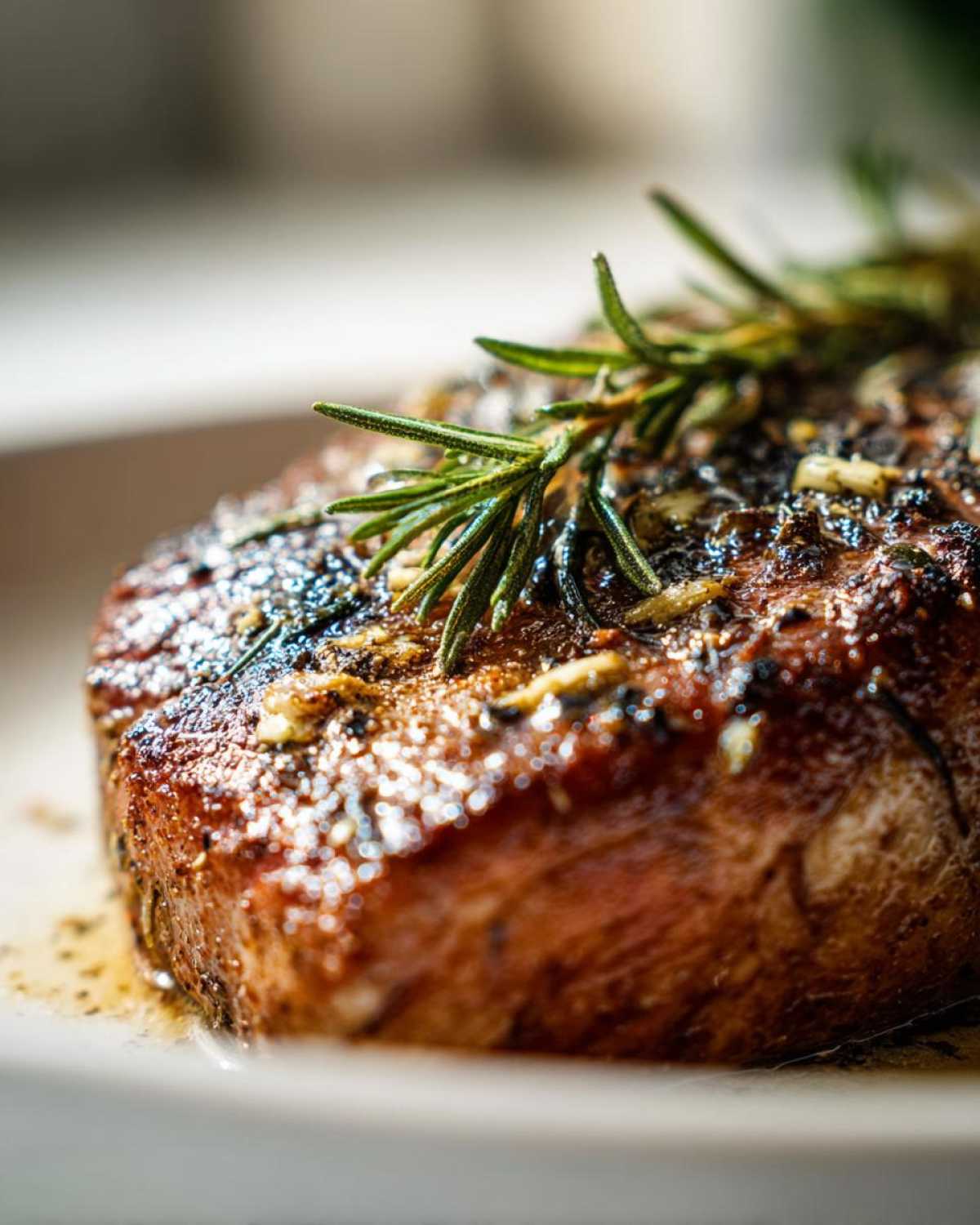 Close-up of a perfectly seasoned and juicy baked chicken breast topped with fresh rosemary sprigs.