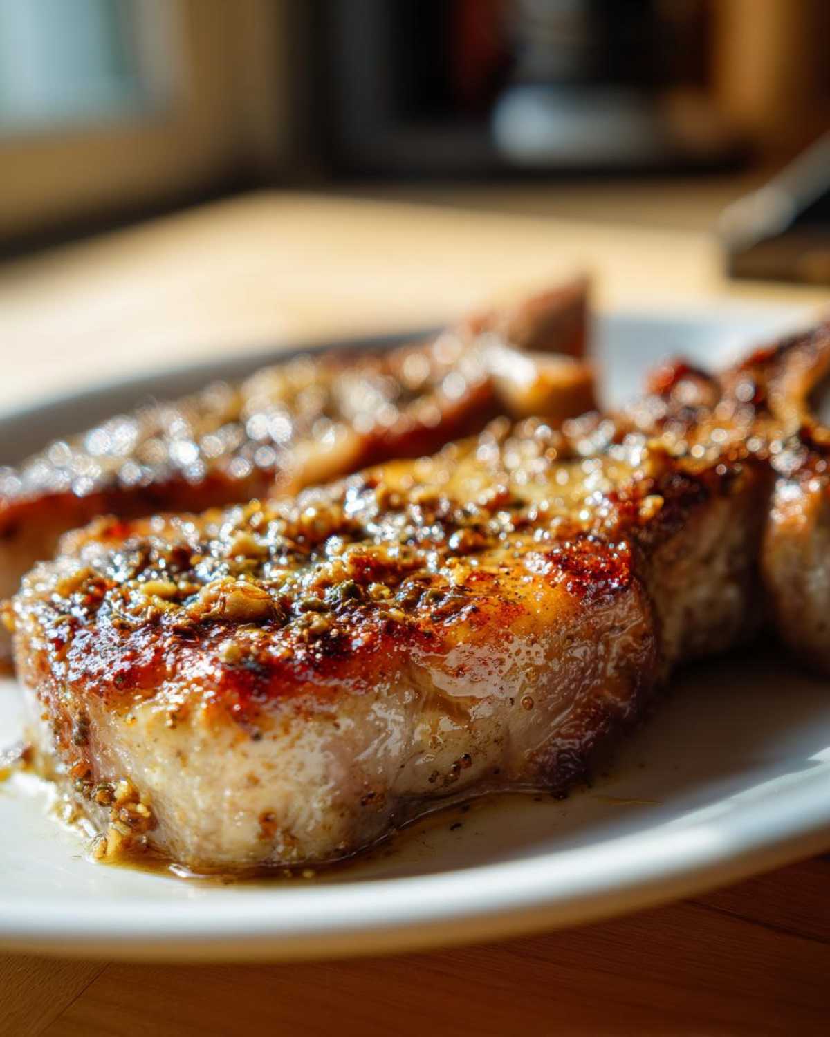 Close-up of a perfectly cooked, juicy baked chicken breast piece topped with coarse spices and herbs.