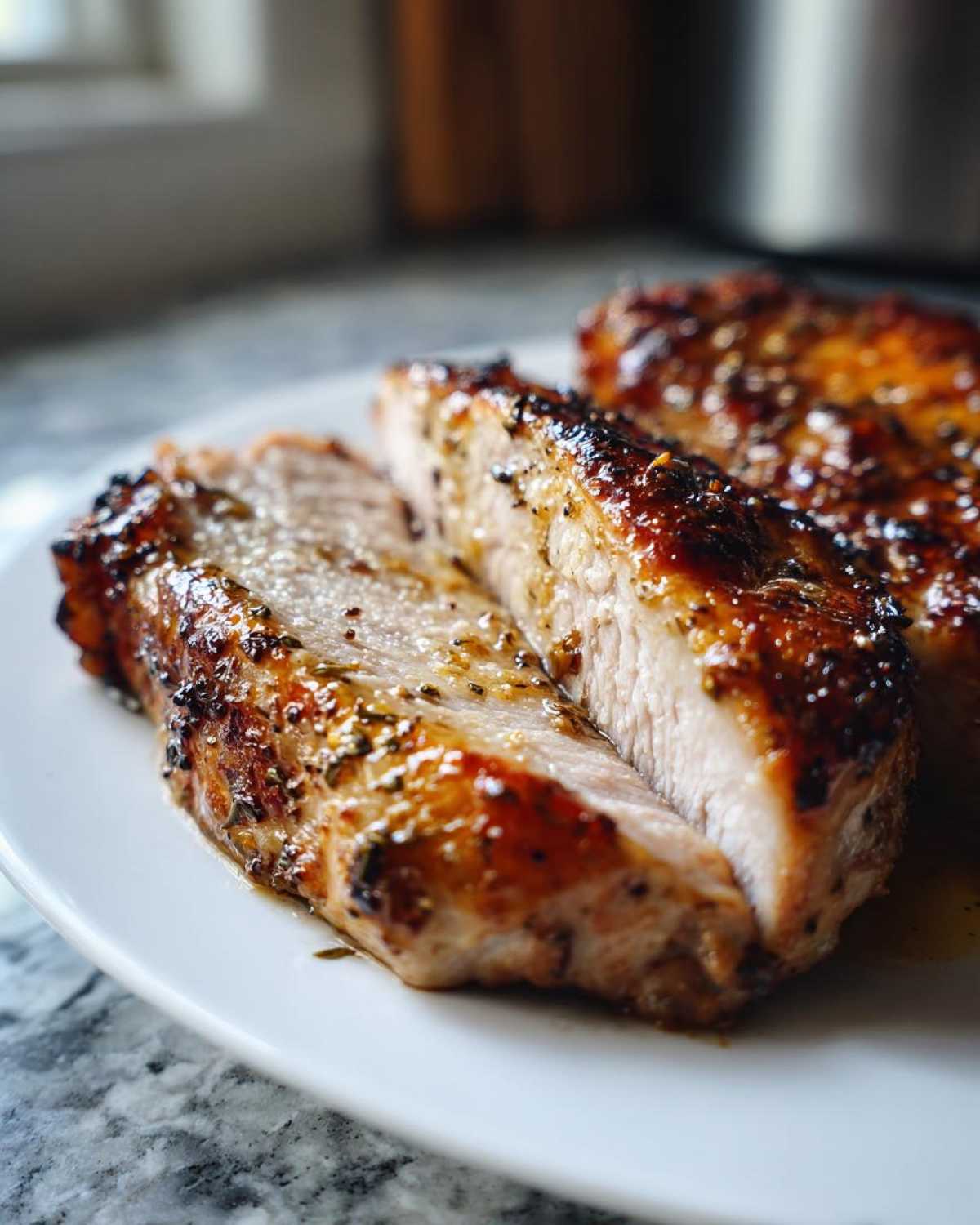 Close-up of a juicy baked chicken breast, sliced to show the moist interior and caramelized, seasoned exterior.
