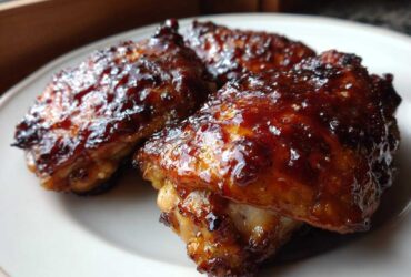 Close-up of three pieces of juicy bbq chicken wings covered in a thick, glossy, dark brown sauce.