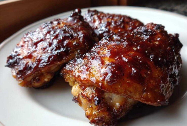 Close-up of three pieces of juicy bbq chicken wings covered in a thick, glossy, dark brown sauce.