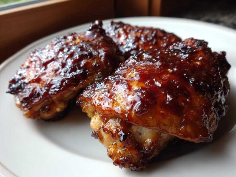 Close-up of three pieces of juicy bbq chicken wings covered in a thick, glossy, dark brown sauce.