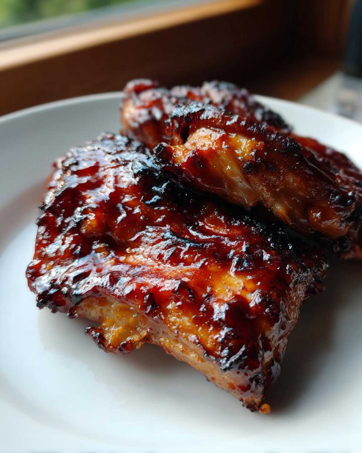 Close-up of incredibly juicy bbq chicken pieces coated in a thick, dark, caramelized glaze, resting on a white plate.
