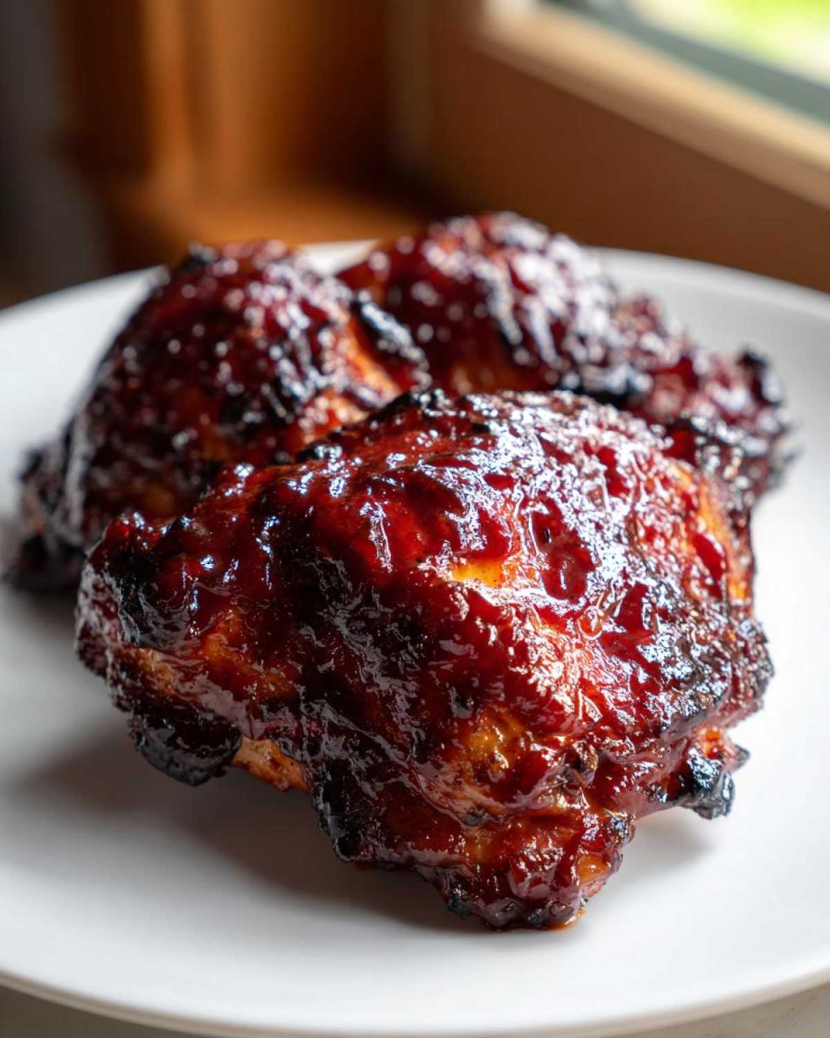Two pieces of incredibly juicy bbq chicken, coated in a thick, dark, glossy barbecue sauce, resting on a white plate.