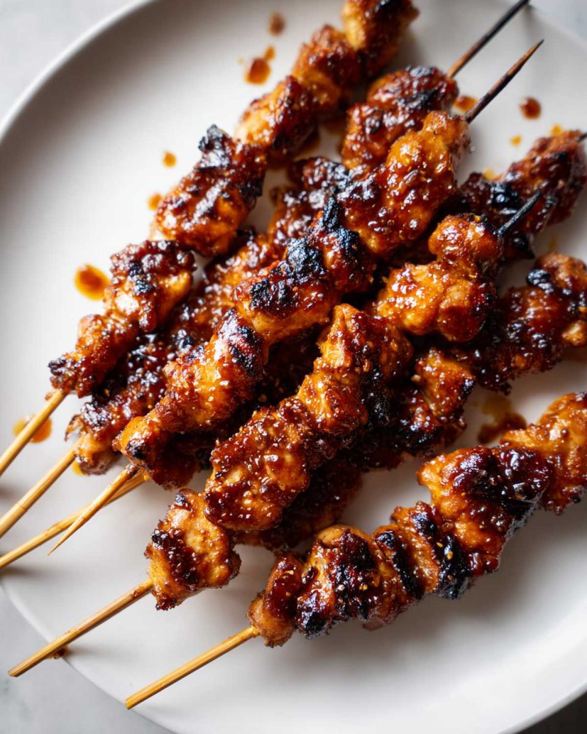 Close-up of several juicy chicken skewers coated in a thick, dark, caramelized glaze served on a white plate.