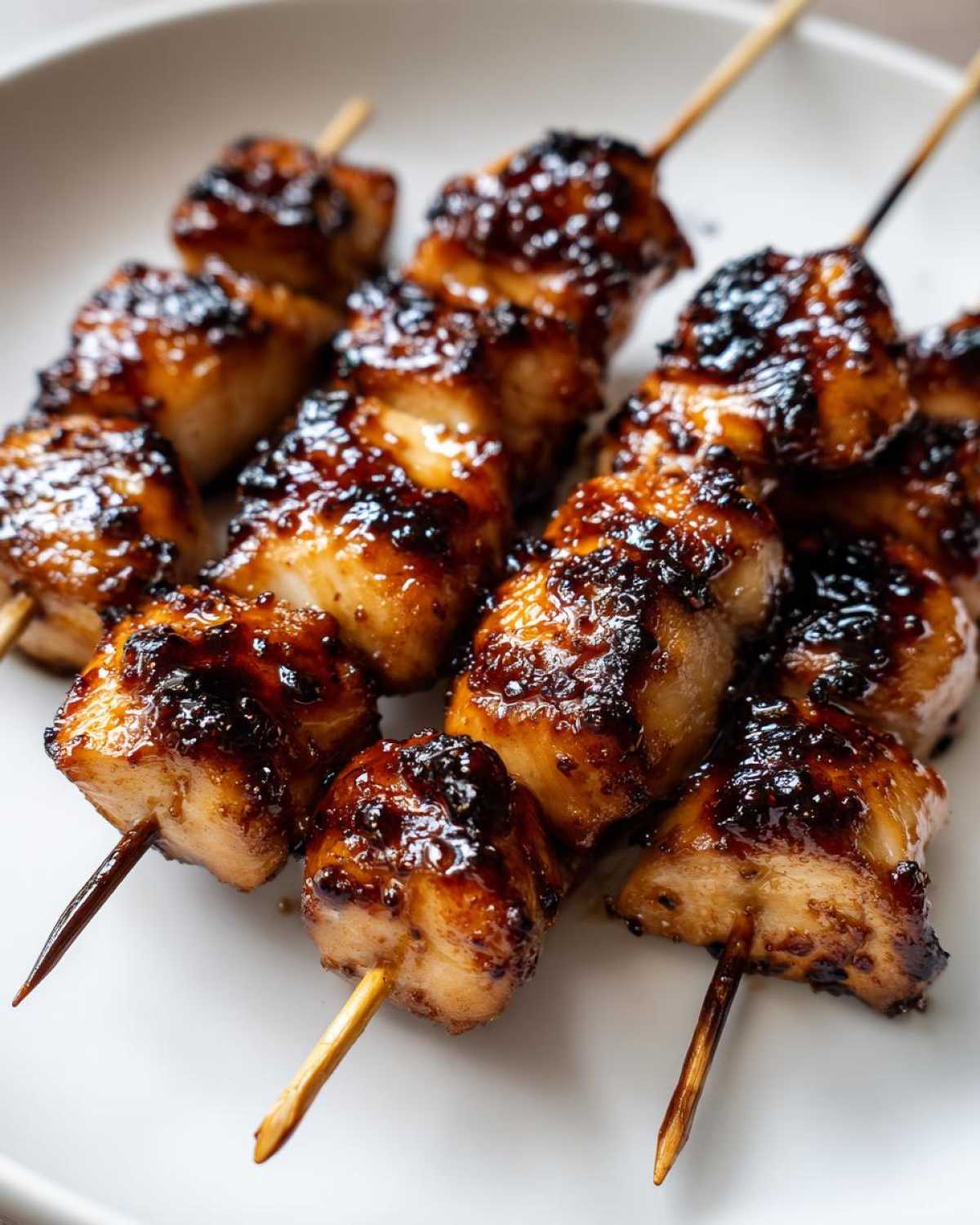 Close-up of several juicy chicken skewers coated in a dark, sticky glaze, resting on a white plate.