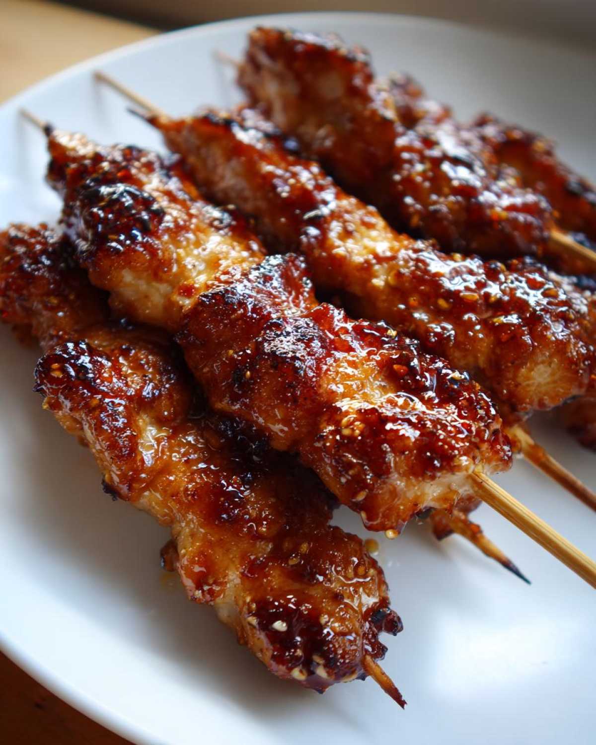 Close-up of several juicy chicken skewers coated in a thick, shiny, caramelized glaze, resting on a white plate.