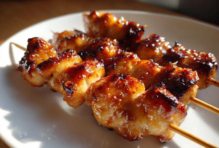 Close-up of three skewers featuring juicy, glazed, and slightly charred chicken skewers resting on a white plate.