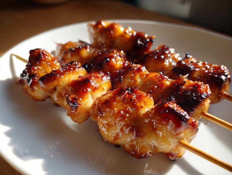 Close-up of three skewers featuring juicy, glazed, and slightly charred chicken skewers resting on a white plate.