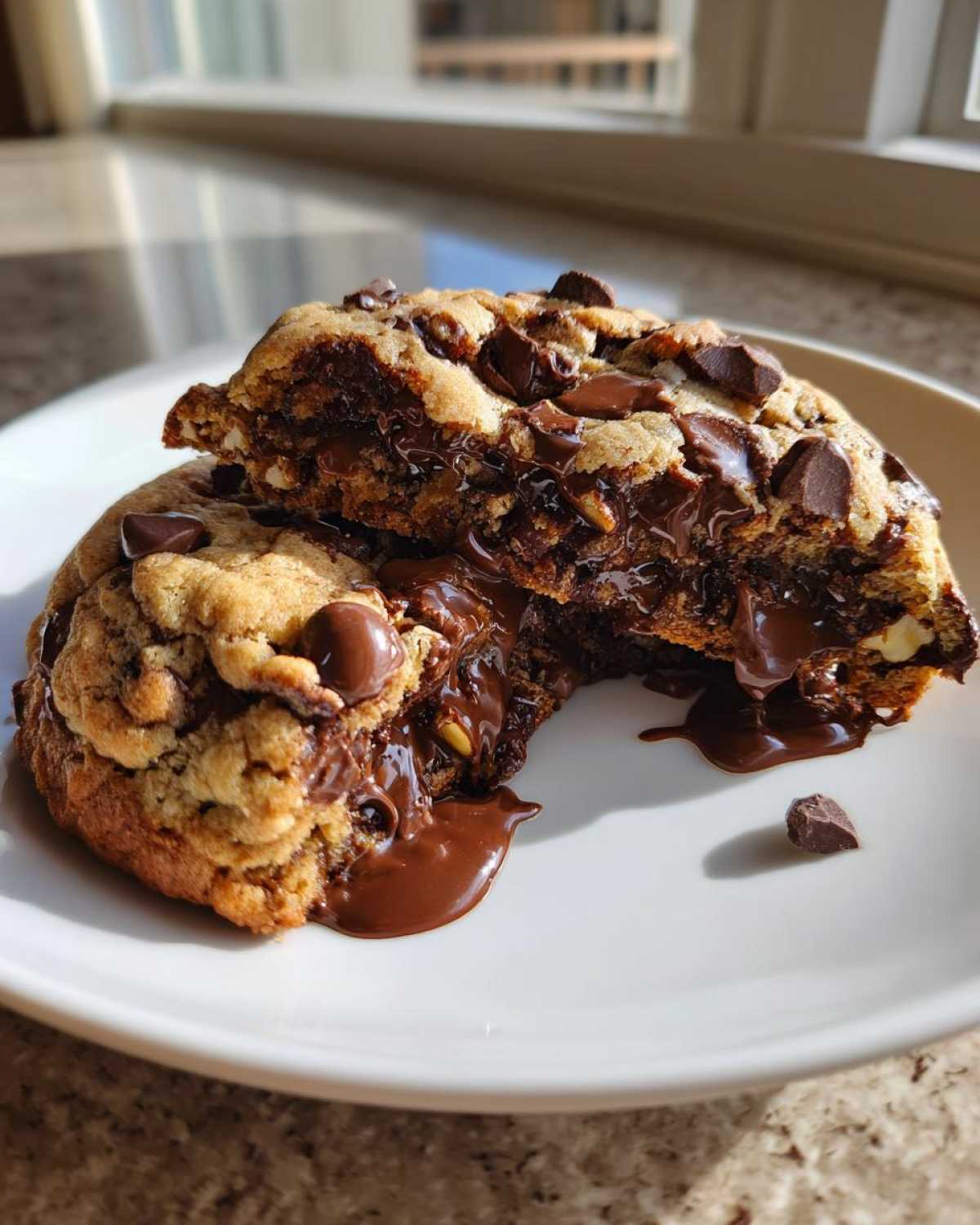 Close-up of a levain bakery chocolate chip cookie broken in half showing gooey, melted chocolate center.