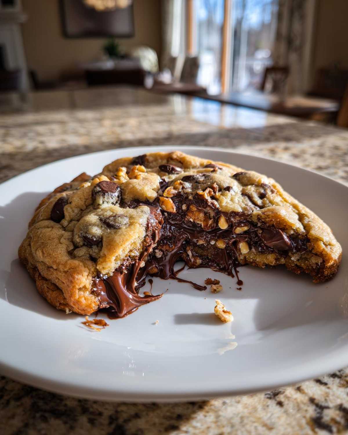 Close-up of a giant levain bakery chocolate chip cookie broken open, showing gooey, melted chocolate center.