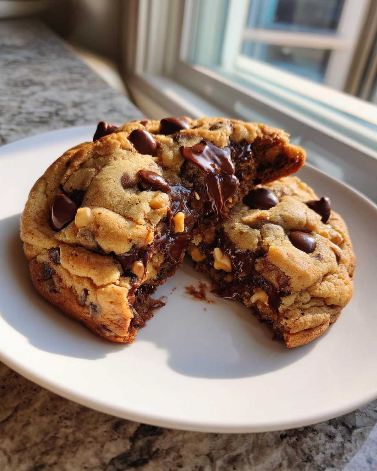 A thick levain bakery chocolate chip cookie broken in half, revealing melted chocolate and walnuts, served on a white plate.