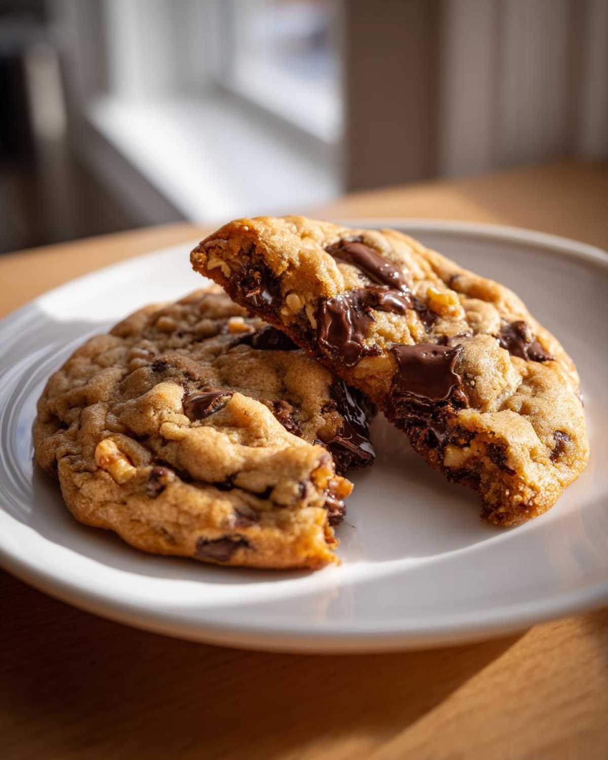 Two thick levain bakery chocolate chip cookies, one broken open showing gooey melted chocolate.