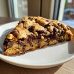 A thick, gooey slice of a levain bakery chocolate chip cookie showing melted chocolate pools and nuts on a white plate.