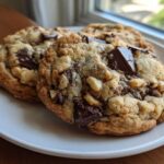 Three thick, chunky levain bakery chocolate chip cookies loaded with chocolate chunks and nuts on a white plate.